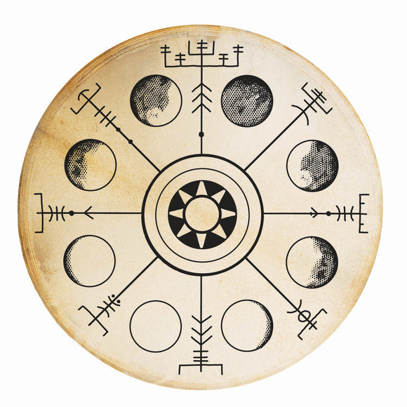 Terre Shaman Drum with Vegvísir & Moon Phases Design – 16