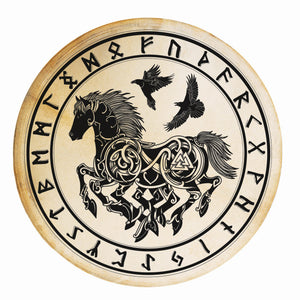 Terre Shaman Drum with Sleipnir, Hugin & Munin Design – 16" or 20" Norse Ritual Drum with Goatskin Head & Feather Ornament
